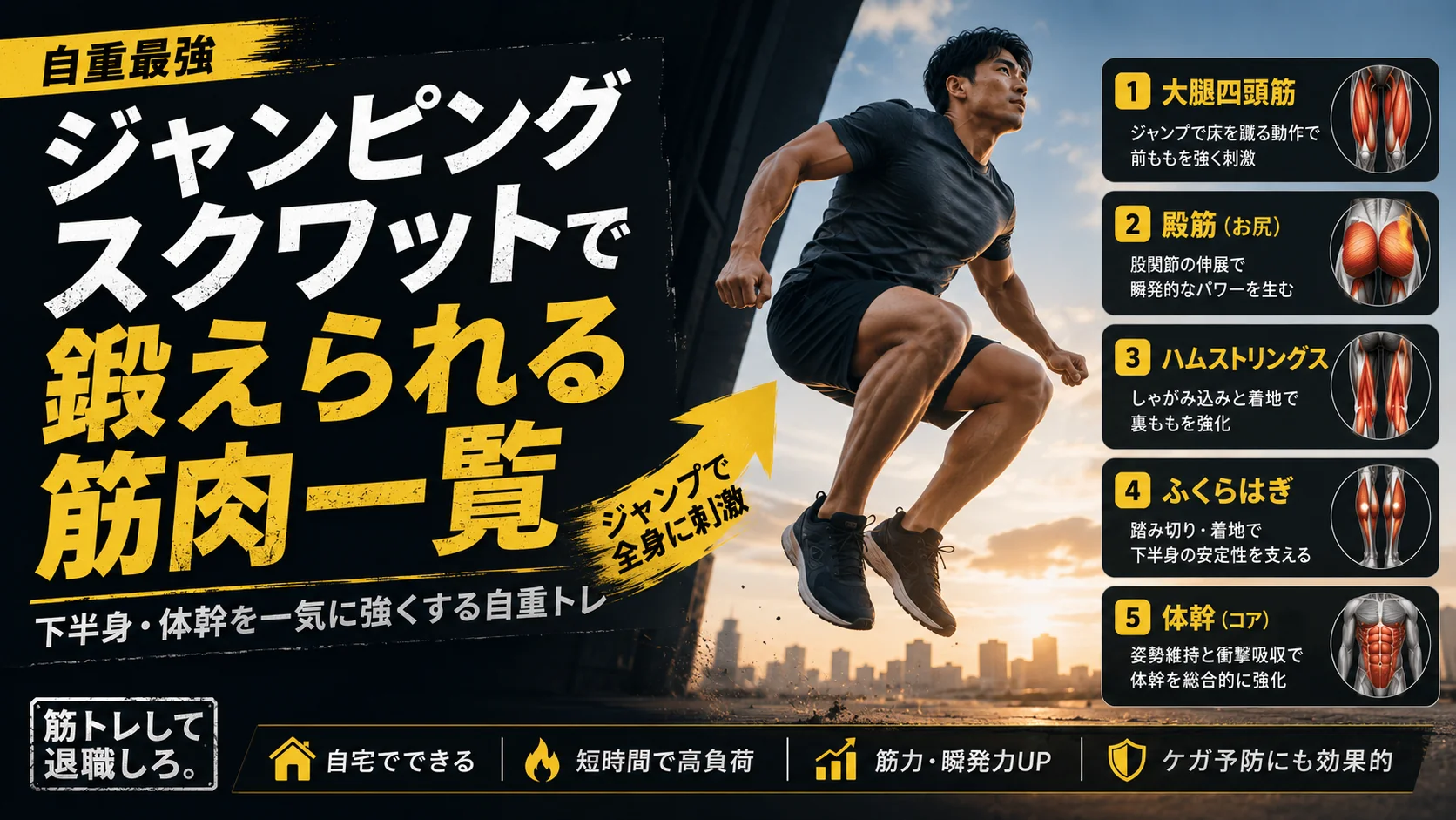【自重最強】ジャンピングスクワットで鍛えられる筋肉一覧